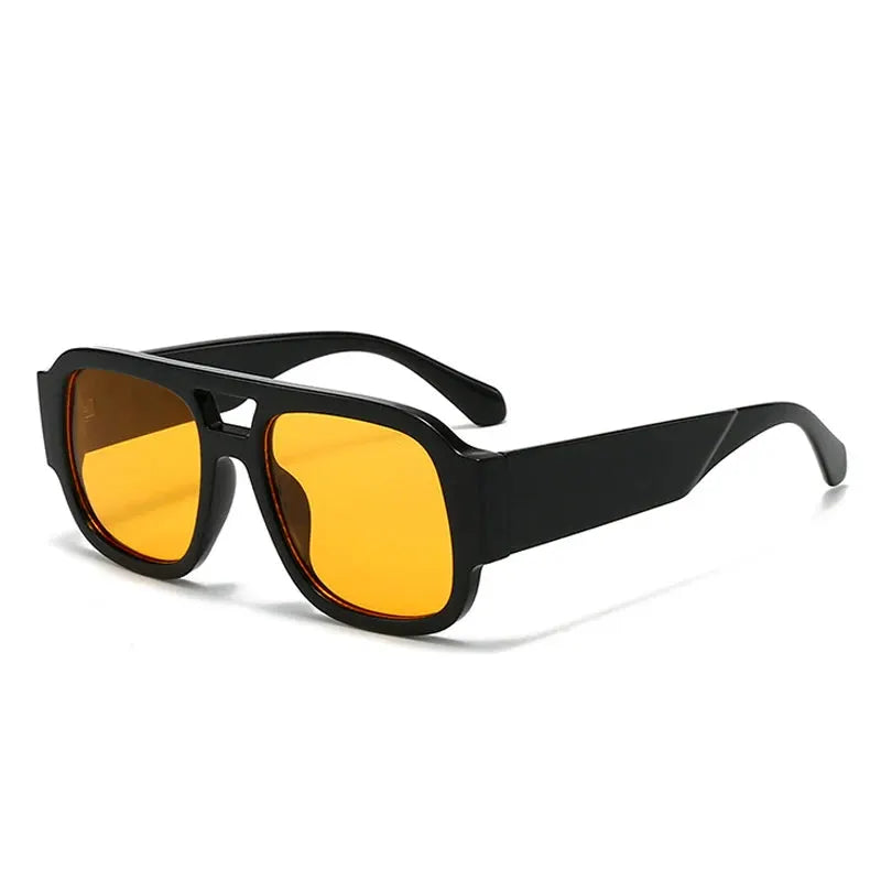 SHAUNA square double-bridges sunglasses, black frame with orange-yellow lenses, UV400 – Astroshadez
