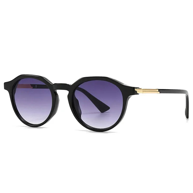 SHAUNA round black sunglasses with purple gradient lenses and gold temple accents; UV400 retro punk style – Astroshadez