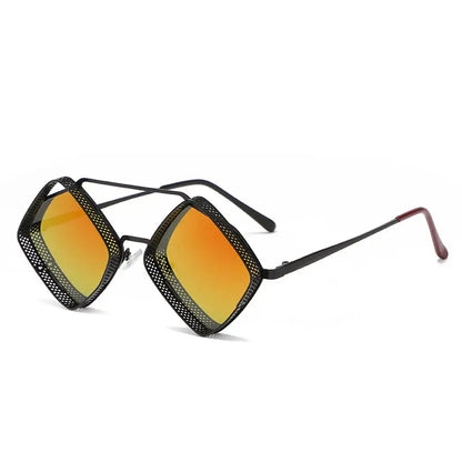 2x SHAUNA retro steampunk sunglasses with hollow diamond metal frames and gradient orange UV400 lenses – Astroshadez