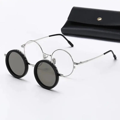 Round metal-frame sunglasses with black-rimmed circular gray polarized lenses; includes case – Astroshadez