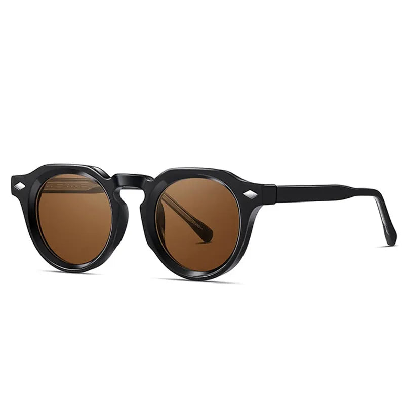 SHAUNA Retro Round sunglasses, black frame with brown lenses and rivet accents – Astroshadez