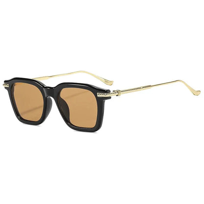 SHAUNA retro square sunglasses, black frame with brown lenses and gold temples – Astroshadez