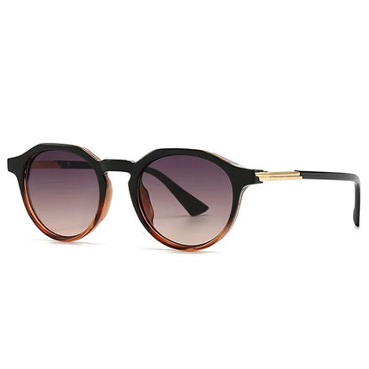 SHAUNA round sunglasses with black top frame, tortoiseshell bottom rim, gradient purple lenses, gold temples – Astroshadez