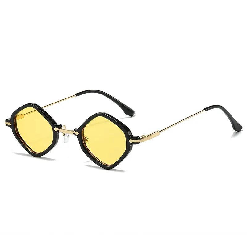 SHAUNA Retro polygon square sunglasses, black frame with gold-tone temples and gradient yellow lenses – Astroshadez