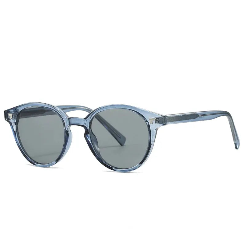 Round-frame sunglasses with translucent blue frames and gray UV400 lenses – Astroshadez