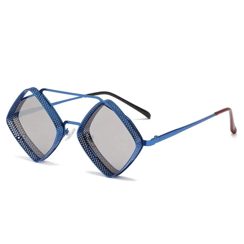 SHAUNA retro steampunk sunglasses, blue hollow metal frame with square gradient mirror lenses UV400 – Astroshadez