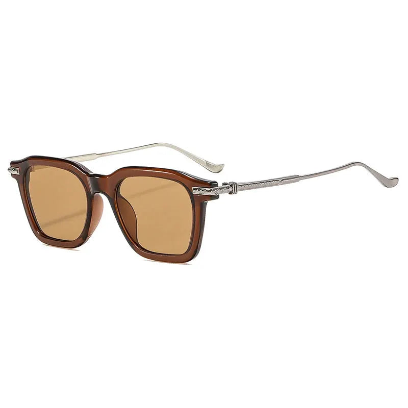 SHAUNA retro square sunglasses with brown frame and amber lenses, silver-tone metal temples – Astroshadez