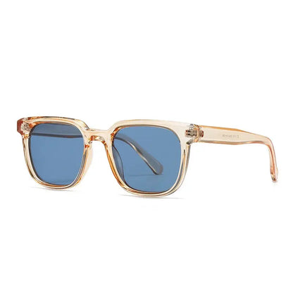 SHAUNA square sunglasses, translucent peach frame with blue UV400 lenses, retro fashion style – Astroshadez