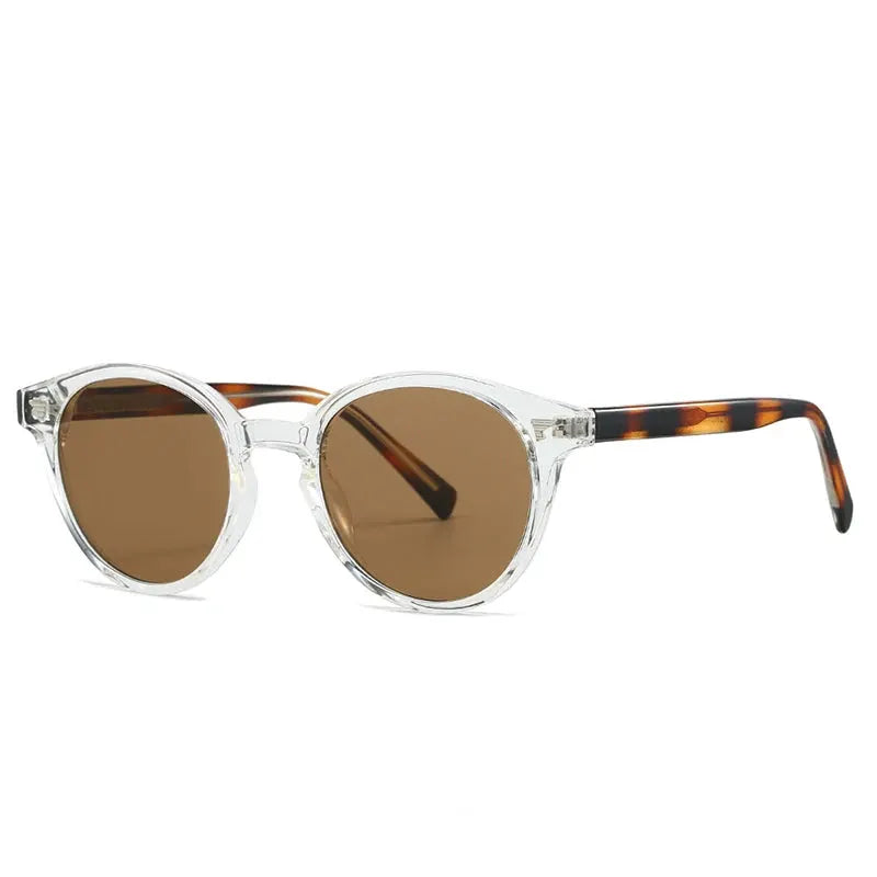 Round sunglasses with clear frame, brown lenses, tortoiseshell temples – Astroshadez