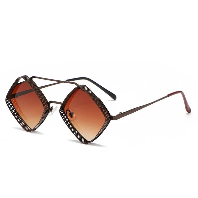 SHAUNA retro steampunk sunglasses with hollow metal geometric frames and gradient brown lenses – Astroshadez