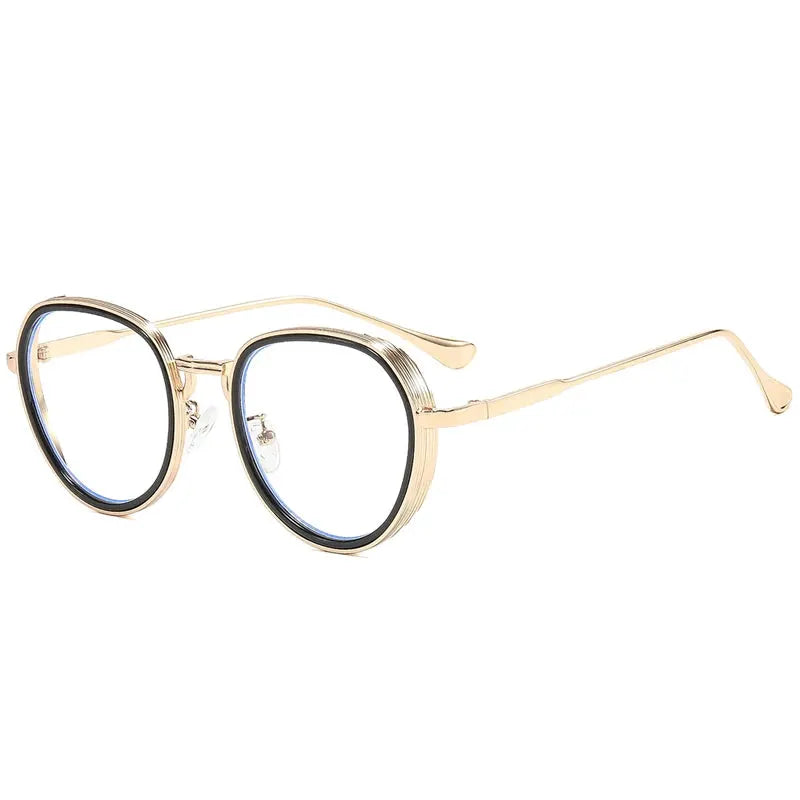 SHAUNA oval metal sunglasses with gold frame and black inner rims, gradient blue lenses – Astroshadez