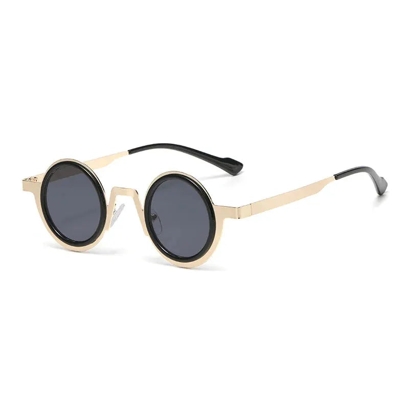 SHAUNA Retro Round Punk Metal sunglasses, gold-tone frame with black accents and dark gray UV400 lenses – Astroshadez