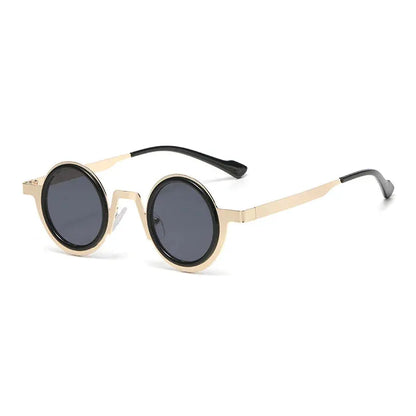 SHAUNA Retro Round Punk Metal sunglasses, gold-tone frame with black accents and dark gray UV400 lenses – Astroshadez