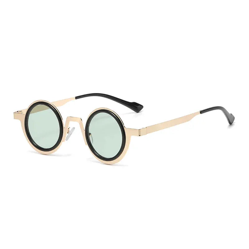 SHAUNA retro round metal sunglasses with beige/gold double-color frame, black rims, green UV400 lenses – Astroshadez