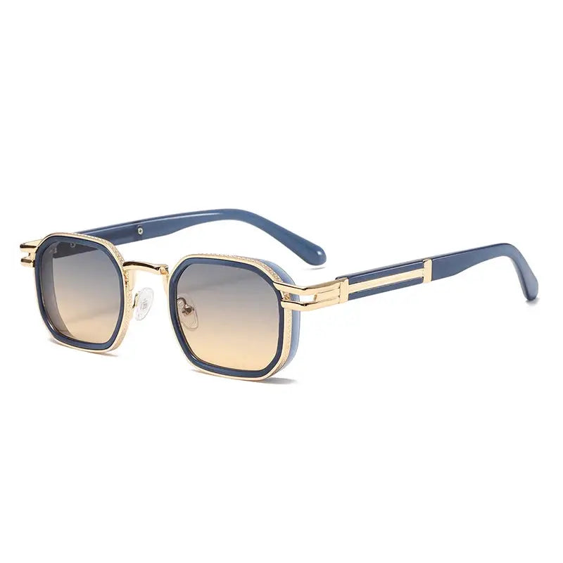 Retro square metal sunglasses, blue frame with gold-tone accents, gradient brown lenses, UV400 – Astroshadez
