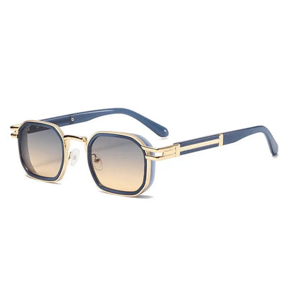 Retro square metal sunglasses, blue frame with gold-tone accents, gradient brown lenses, UV400 – Astroshadez