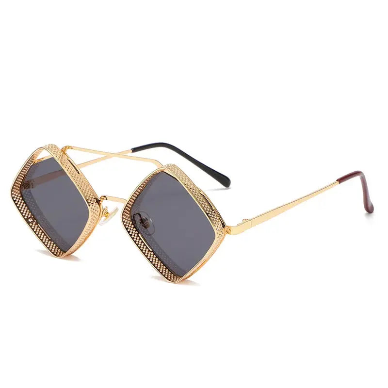 SHAUNA Retro Steampunk Sunglasses with gold-tone hollow metal square frames and gradient gray lenses – Astroshadez