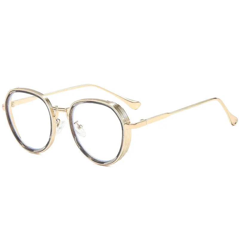 SHAUNA oval metal sunglasses with double-color gold frame and clear gradient lenses – retro punk luxury – Astroshadez