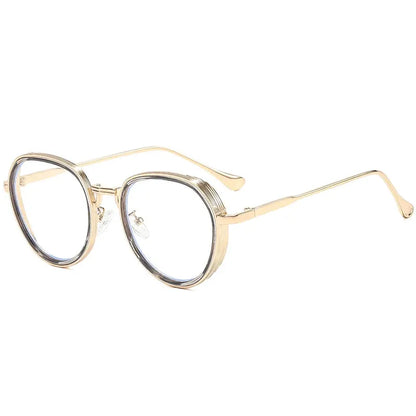 SHAUNA oval metal sunglasses with double-color gold frame and clear gradient lenses – retro punk luxury – Astroshadez