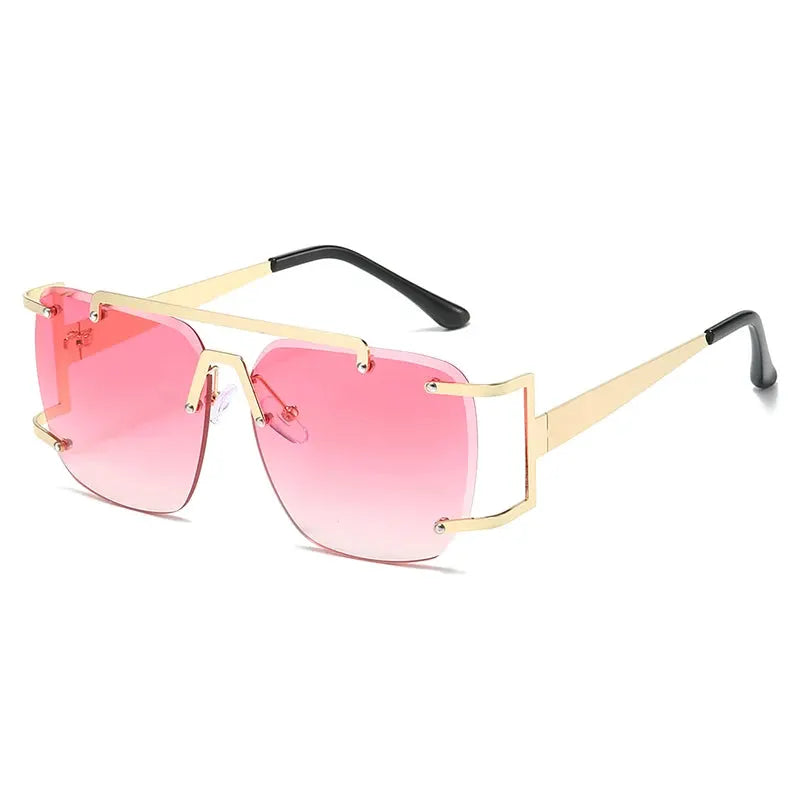 SHAUNA Retro metal double-bridge square rimless sunglasses with pink ocean gradient lenses – Astroshadez