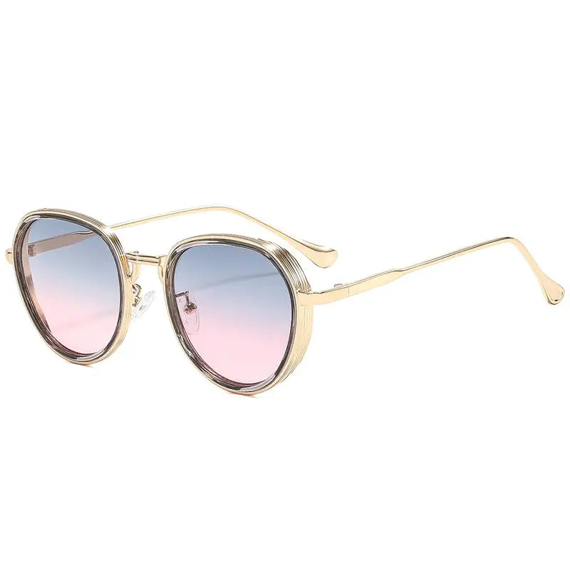 SHAUNA oval metal sunglasses with a gold double-color frame and blue-to-pink gradient lenses – Astroshadez