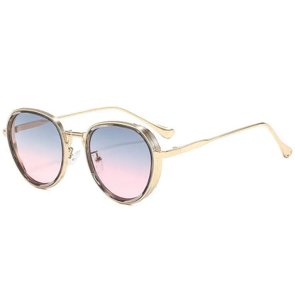 SHAUNA oval metal sunglasses with a gold double-color frame and blue-to-pink gradient lenses – Astroshadez
