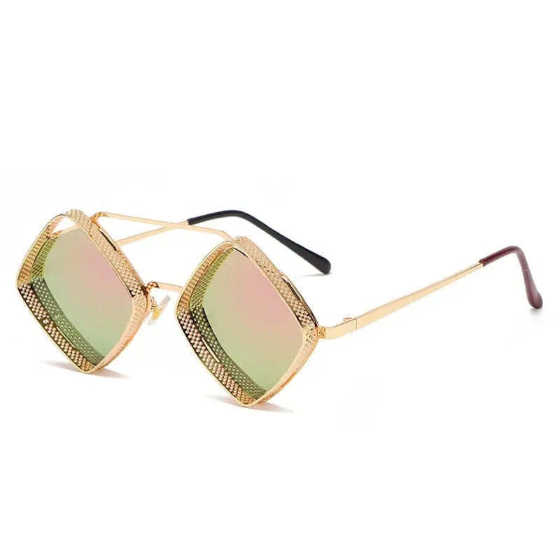 SHAUNA Retro Steampunk Sunglasses with gold hollow metal frames and gradient mirror lenses, UV400 – Astroshadez