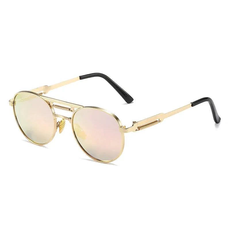 SHAUNA Retro Metal Punk Round Sunglasses, gold frame with gradient mirrored lenses – Astroshadez