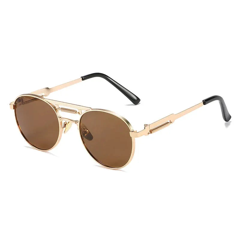 SHAUNA retro metal round sunglasses; gold frame, brown gradient lenses, double-bridge design – Astroshadez