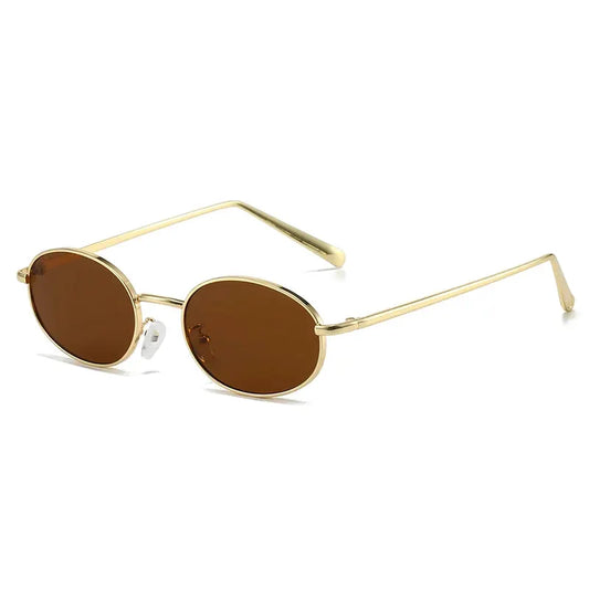 SHAUNA retro small oval metal frame sunglasses with gold frame and brown UV400 lenses – Astroshadez