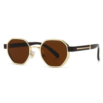 SHAUNA polygon metal square sunglasses with gold frame, brown gradient lenses, black temples – Astroshadez