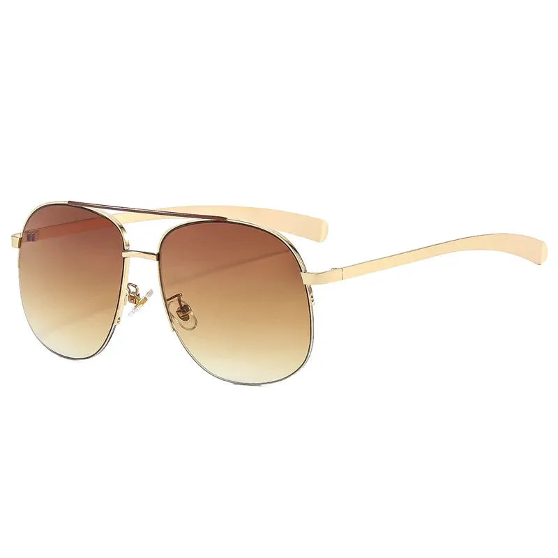 SHAUNA retro metal double-bridge pilot sunglasses with gold frame and brown gradient lenses – Astroshadez