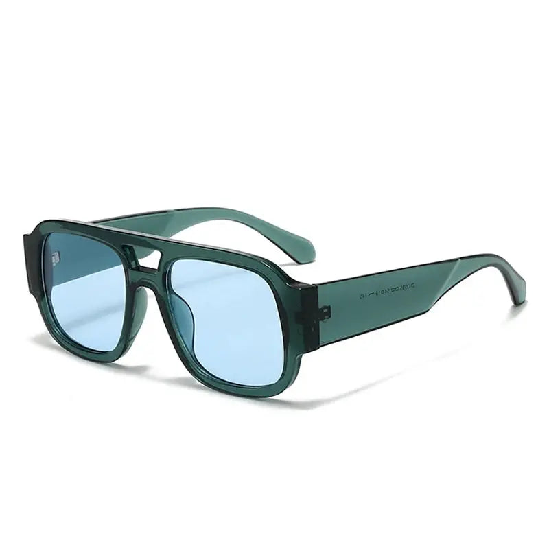 SHAUNA Fashion double-bridged square sunglasses, teal-green frame with blue lenses – Astroshadez