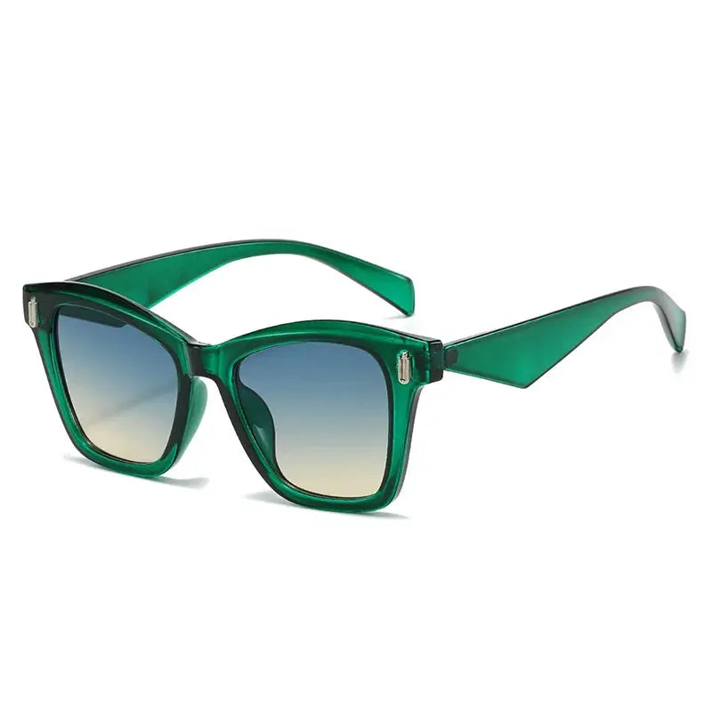 SHAUNA cat-eye sunglasses, green frame, blue-to-beige gradient lenses, UV400 protection – Astroshadez
