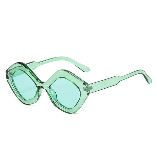 SHAUNA retro irregular polygon cat-eye sunglasses in translucent green frame with green-blue lenses – Astroshadez