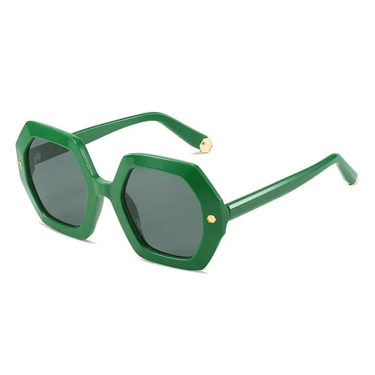 SHAUNA vintage polygon square sunglasses with glossy green frame, dark gray UV400 lenses, metal rivets – Astroshadez