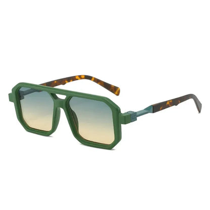 Green square sunglasses with double bridge, tortoiseshell arms, and gradient blue–amber lenses – Astroshadez