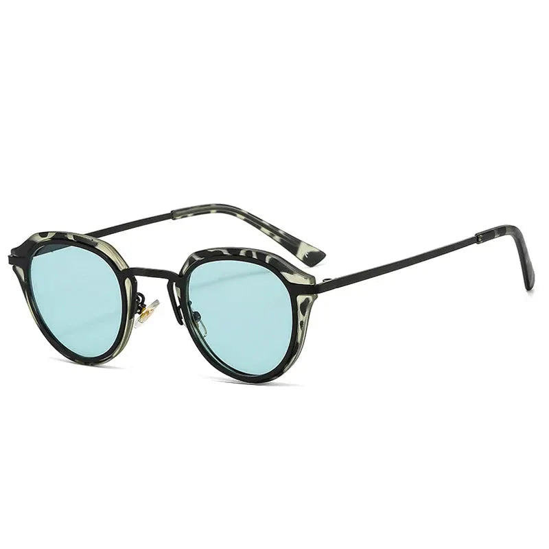 Oval sunglasses with camouflage frame and light blue lenses, retro fashion style – Astroshadez