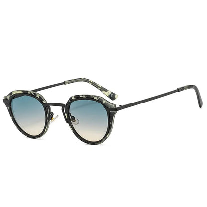 Oval sunglasses with camouflage-patterned frame and gradient blue–beige lenses, retro style – Astroshadez