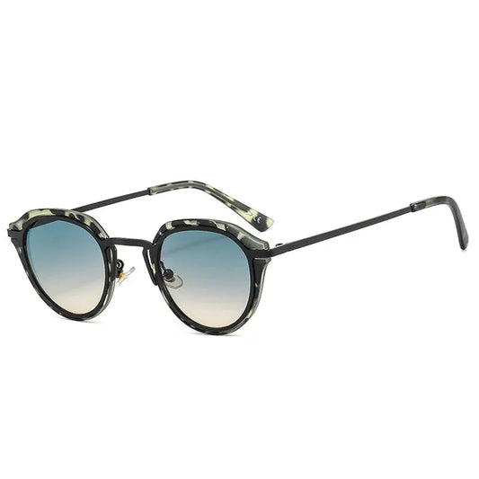 Oval sunglasses with camouflage-patterned frame and gradient blue–beige lenses, retro style – Astroshadez