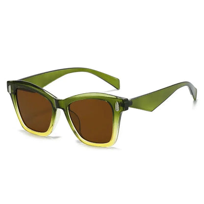 Cat-eye sunglasses, green translucent frame, brown gradient lenses, rivet accents, retro style – Astroshadez