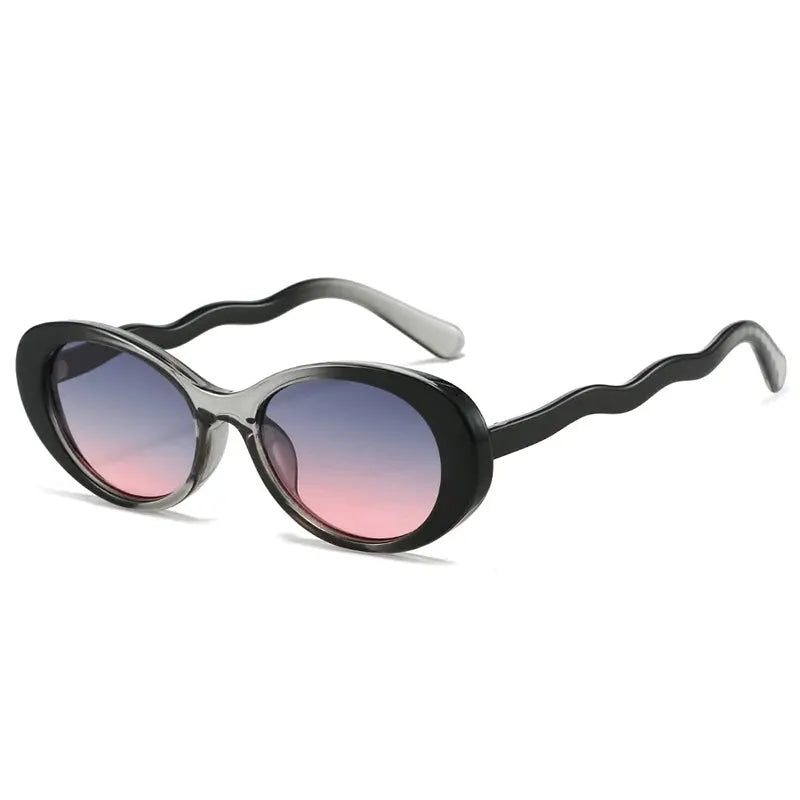 SHAUNA oval sunglasses with double-color black frame, gradient blue to pink lenses, wavy temple arms – Astroshadez