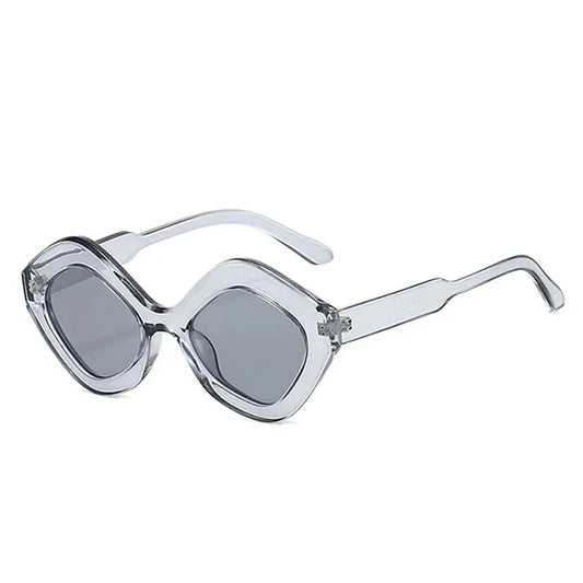 SHAUNA retro irregular polygon cat-eye sunglasses with clear frame and gray UV400 lenses – Astroshadez
