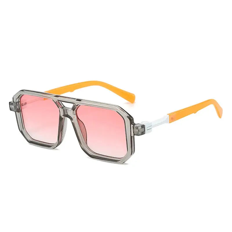 SHAUNA double-bridge square sunglasses with translucent gray frame, pink gradient lenses, orange temples – Astroshadez