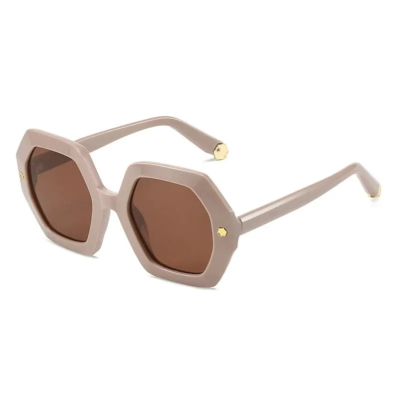 SHAUNA Vintage polygon square sunglasses with taupe frame and brown lenses, gold rivet accents – Astroshadez