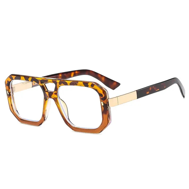Double-bridge tortoiseshell square sunglasses with clear gradient lenses and gold-tone temples – Astroshadez