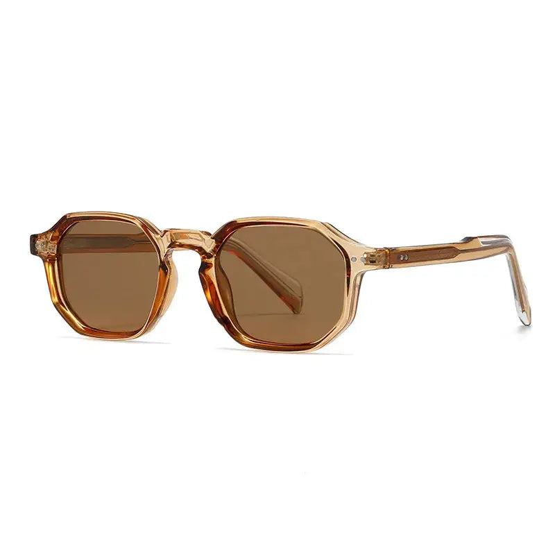 SHAUNA polygon square polarized sunglasses with amber translucent frame and brown lenses, retro rivets – Astroshadez