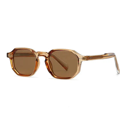 SHAUNA polygon square polarized sunglasses with amber translucent frame and brown lenses, retro rivets – Astroshadez