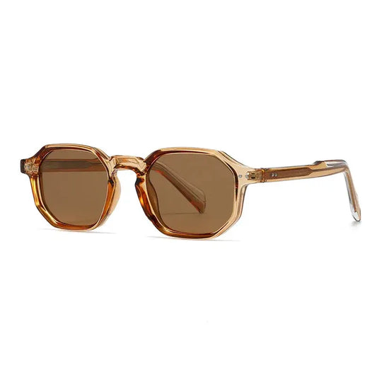 SHAUNA polygon square polarized sunglasses with amber translucent frame and brown lenses, retro rivets – Astroshadez