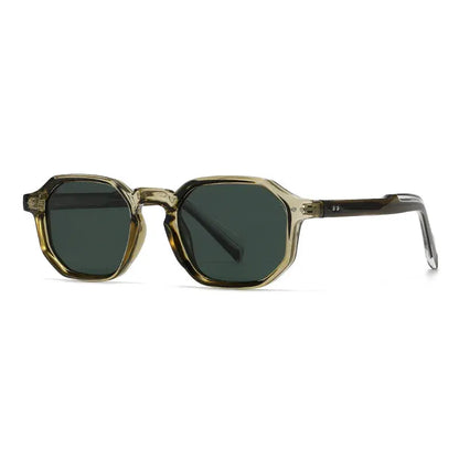 SHAUNA polygon square sunglasses with translucent amber frame, dark green polarized lenses, retro rivets – Astroshadez